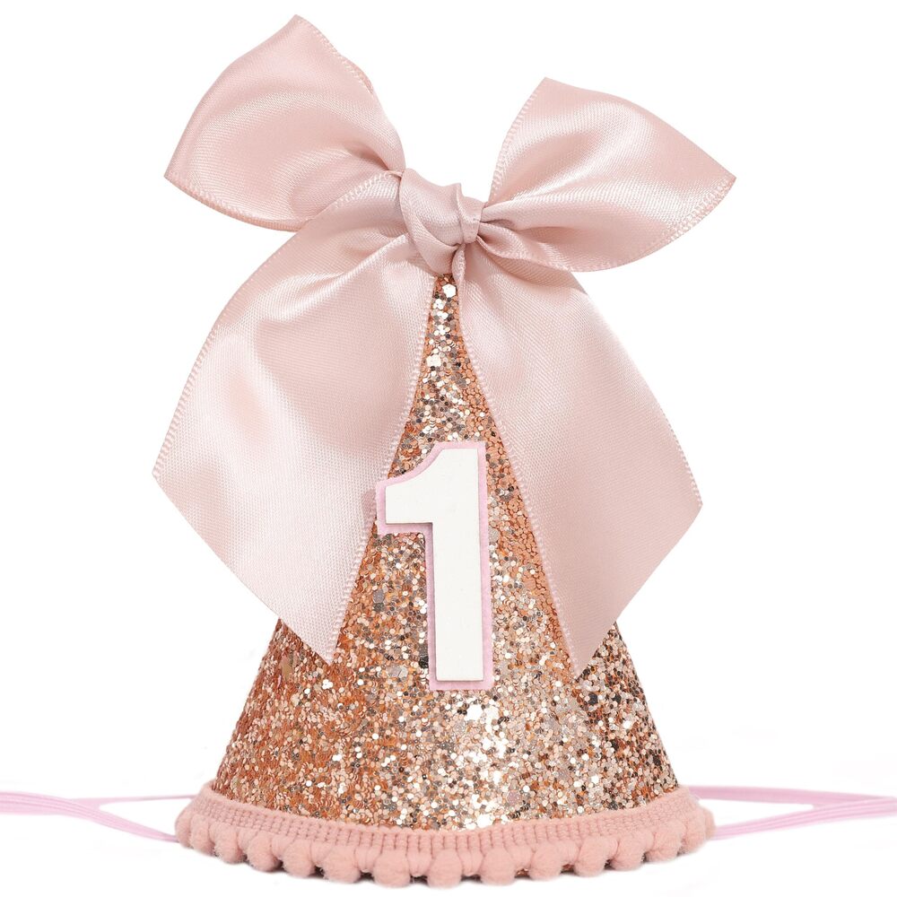 3658 Rose Gold 1st Birthday Hat - Bow Birthday Party Decorations, Glitter